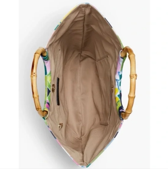 NEW Talbots bamboo handle canvas tote wooden shopper maximalist boho beach color - Picture 2 of 10